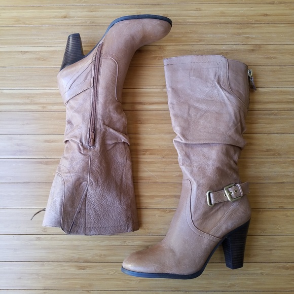 Guess Tan Ruched Leather Stacked Wood Heel Boots boho - Picture 1 of 8